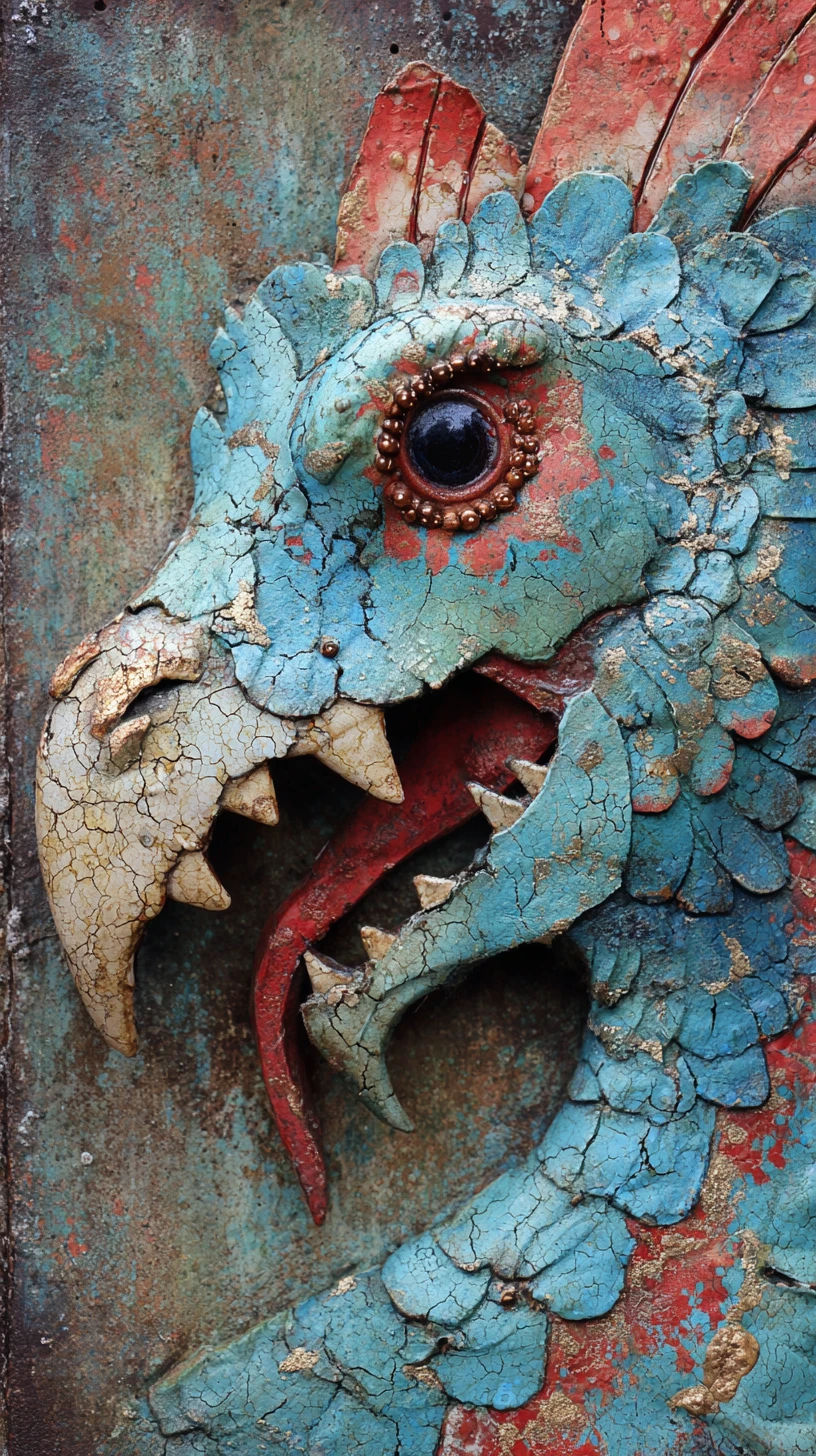 Medieval steampunk dragon profile in mixed media painting