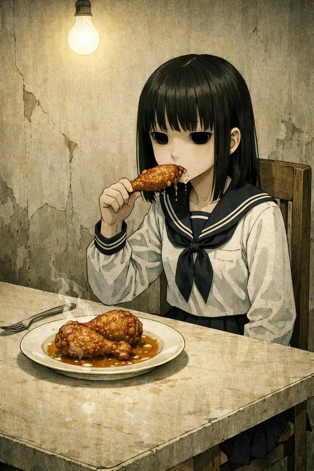 Deadpan anime girl at dining table in sparse room