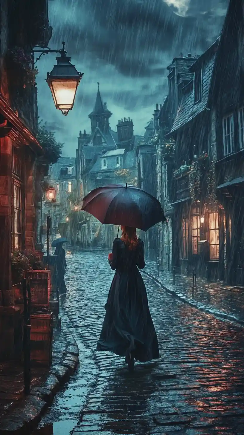 Donna steampunk in una piovosa strada vittoriana al chiaro di luna