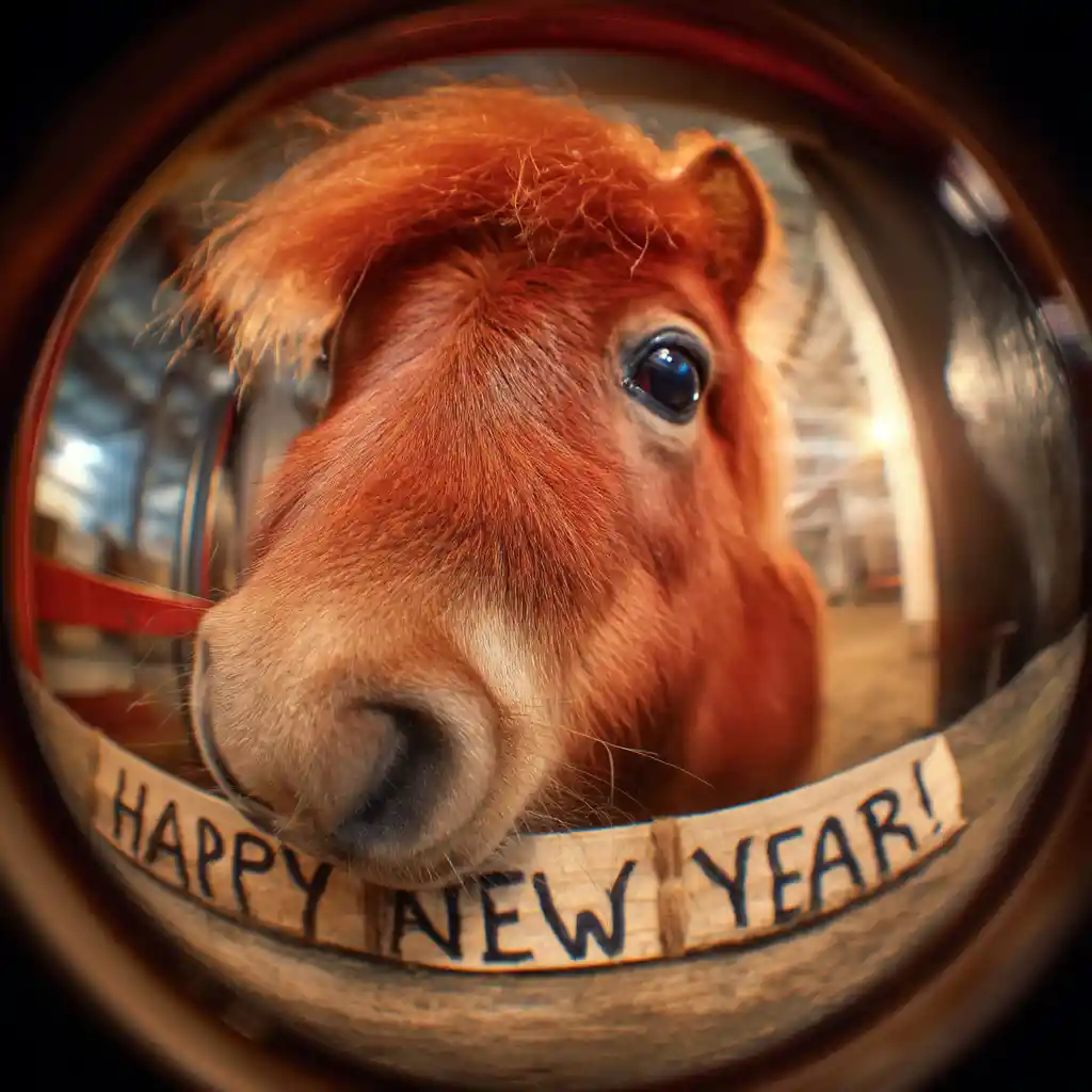 Playful red horse peering through a fisheye peephole