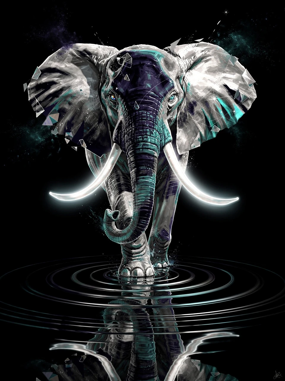 Retrato digital abstrato de elefante sobre um vazio preto reflexivo