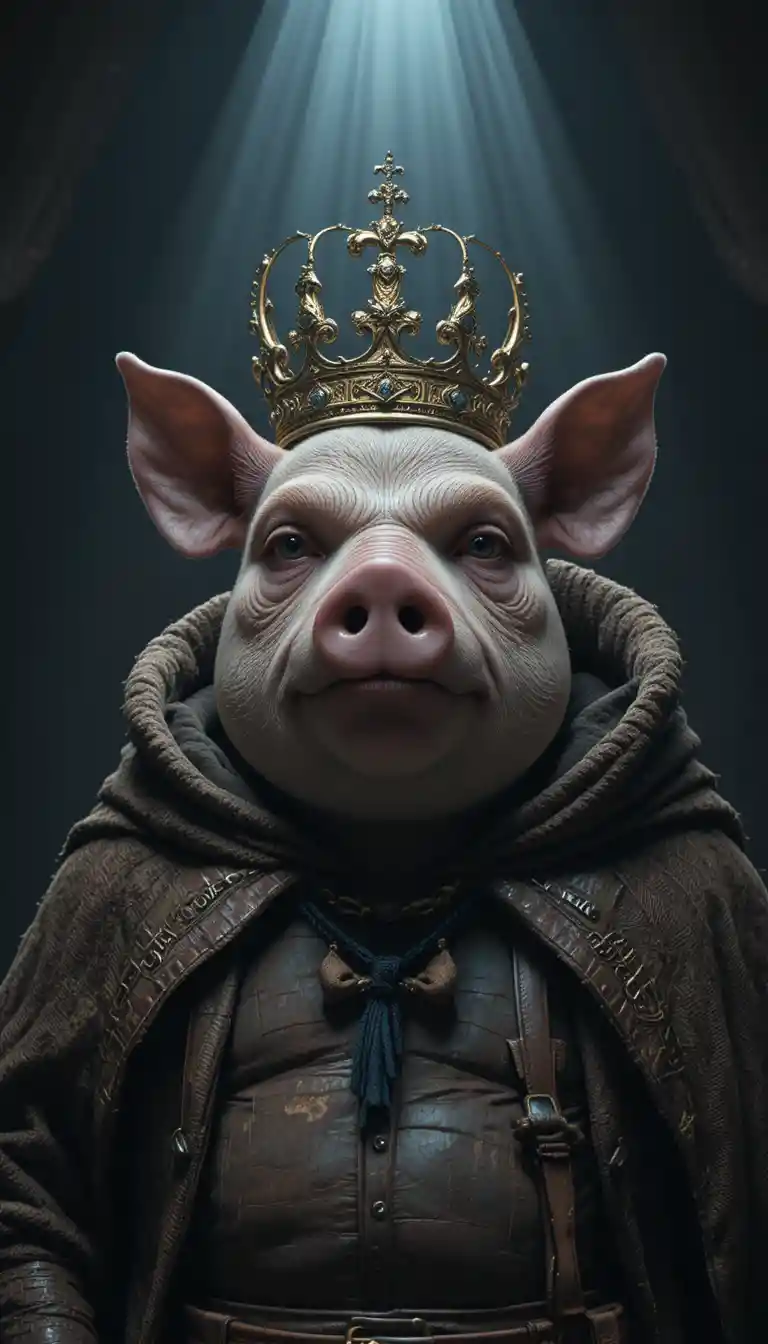 왕관을 쓴 위엄 있는 CGI 돼지 캐릭터, 극적인 스포트라이트 아래