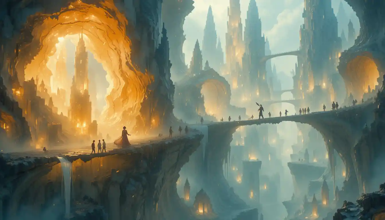 Ethereal Crystal City With Winged Beings And Bridges