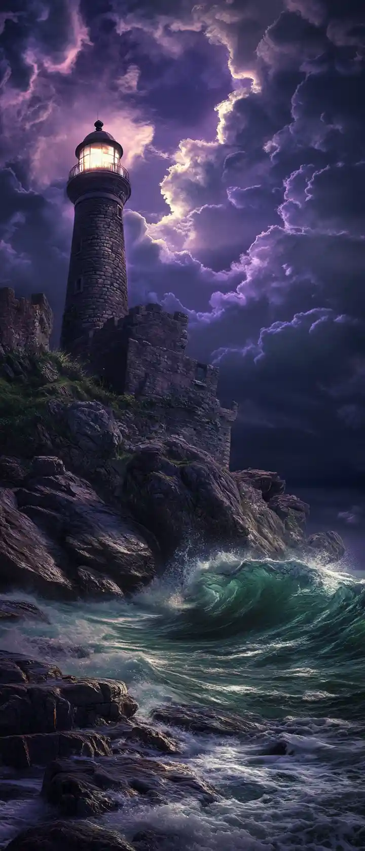 Faro al chiaro di luna e fortezza in rovina su scogliere costiere in tempesta