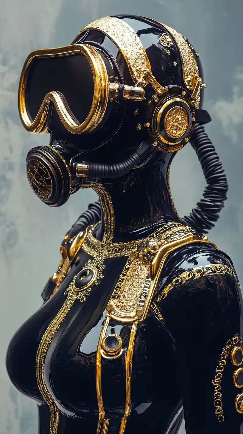 Glamorous scuba woman in ornate gold detailed diving gear