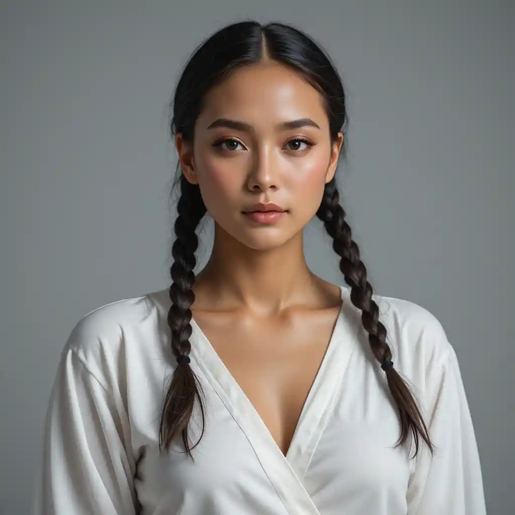 Portrait of a braided woman in white blouse against gray background