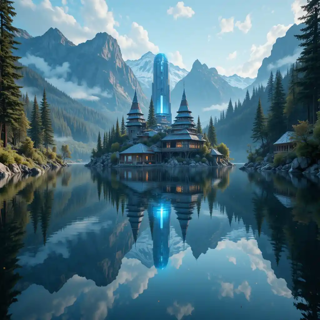 Ruhiger Bergsee, der ein lebendiges futuristisches Stadtportal spiegelt