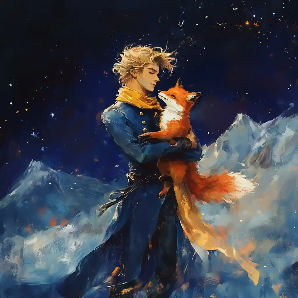 Young man hugging a fox under a starlit mountain sky