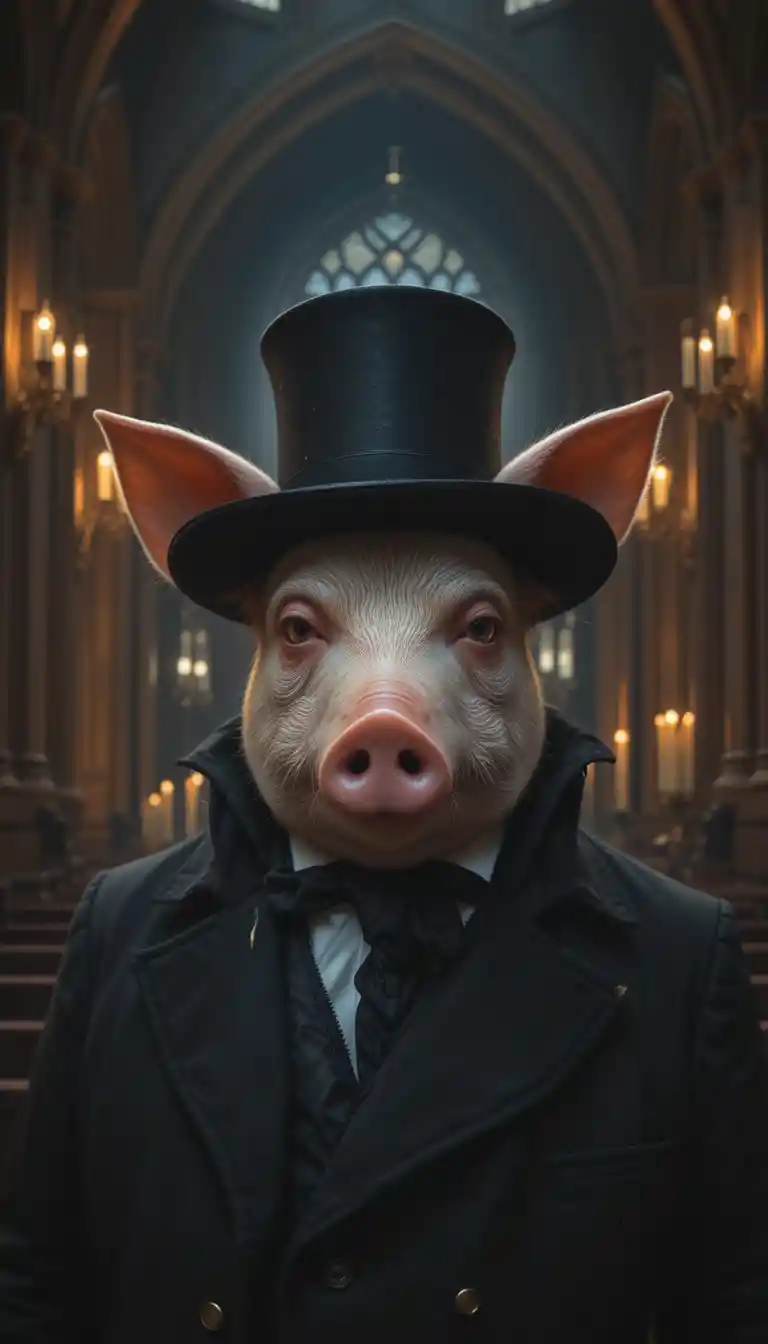 Anthropomorphic pig in suit in gothic candlelit cathedral