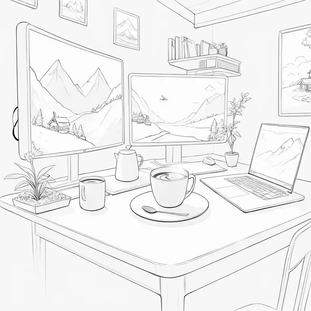 Taza de café con vapor holográfico que proyecta diminutos paisajes