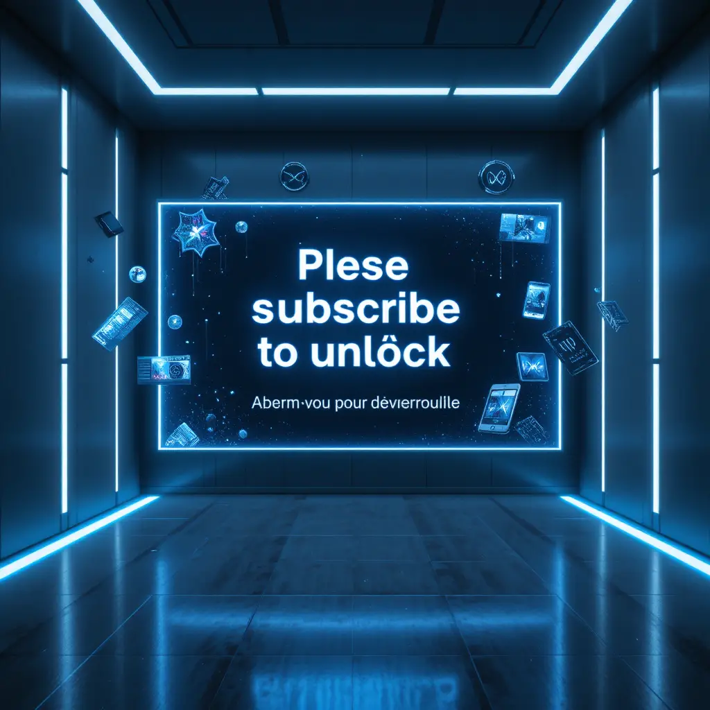 Futuristic holographic subscribe screen in dark cyberpunk room