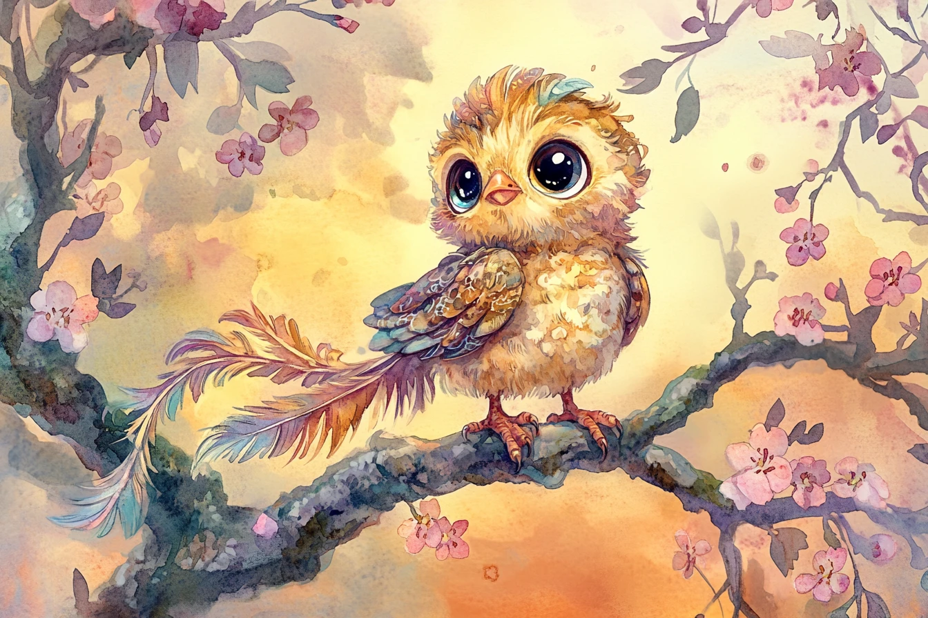 Whimsical baby simurgh perched on a flowering branch