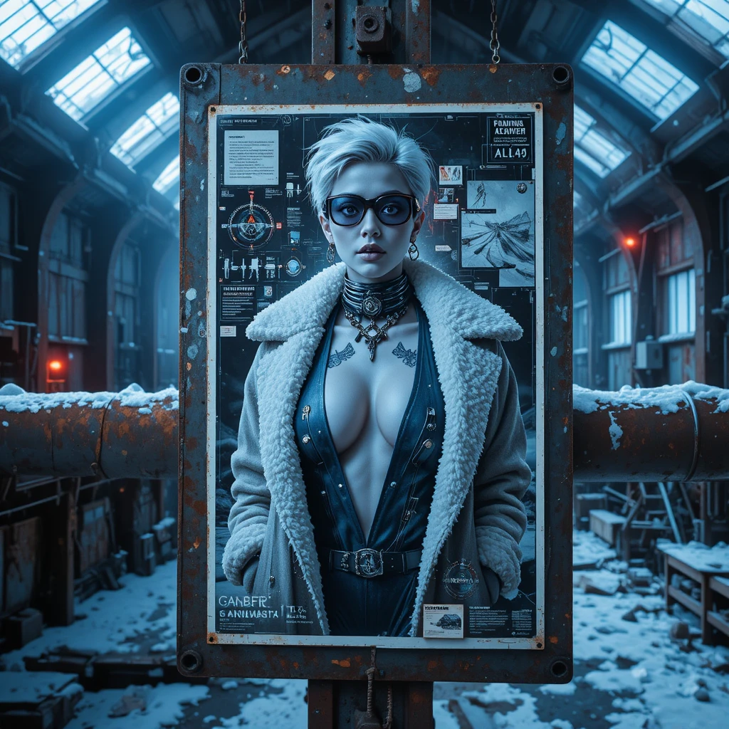 Affiche de femme fatale cyberpunk dans une ruine industrielle arctique