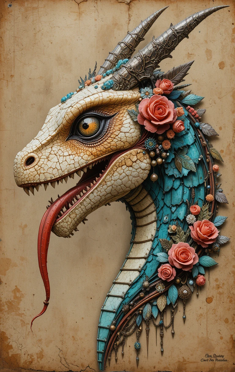 Steampunk dragon profile portrait with ornate turquoise eye