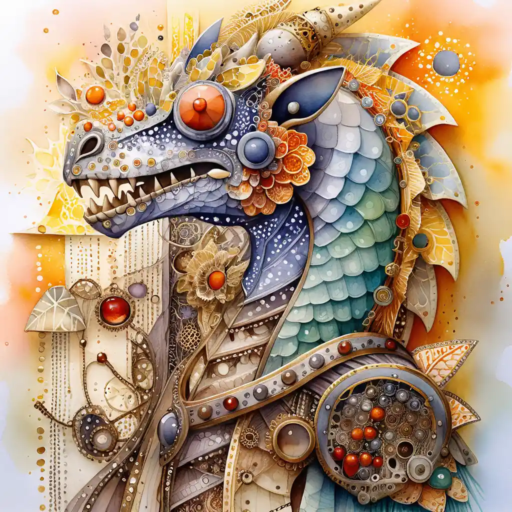 Steampunk fantasy dragon profile in mixed media close up