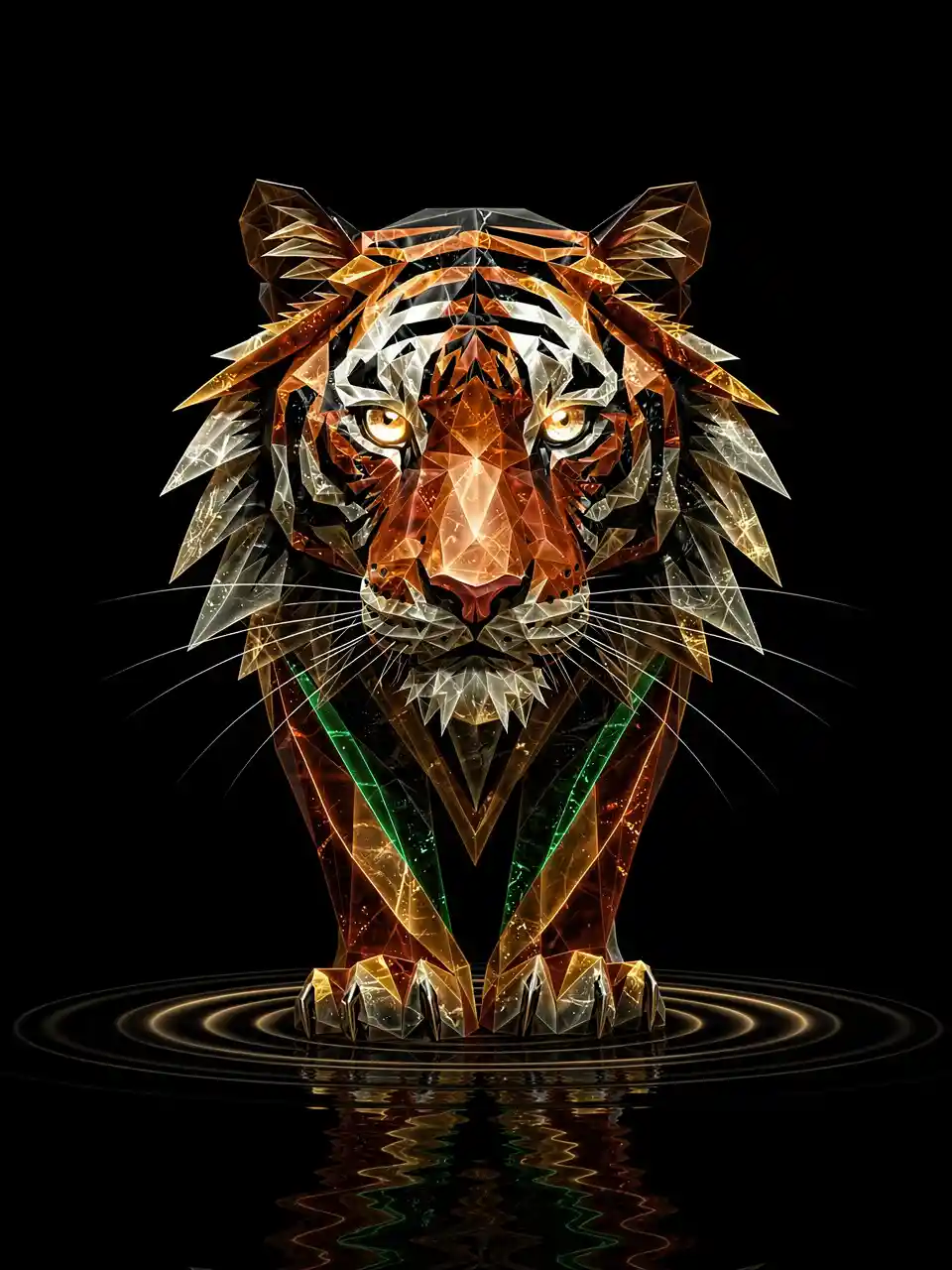 Retrato abstracto geométrico de tigre con ojos prismáticos luminosos