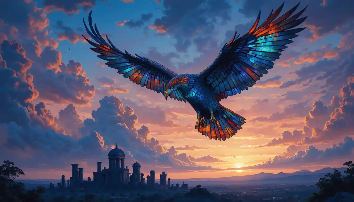 Stained glass feathered eagle over glowing twilight ruins