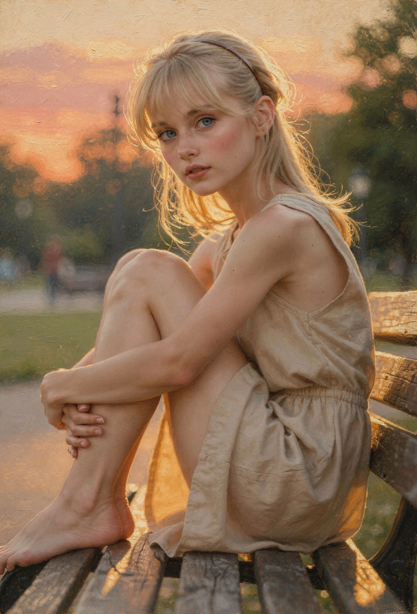 Blonde girl in beige summer dress sitting on a bench