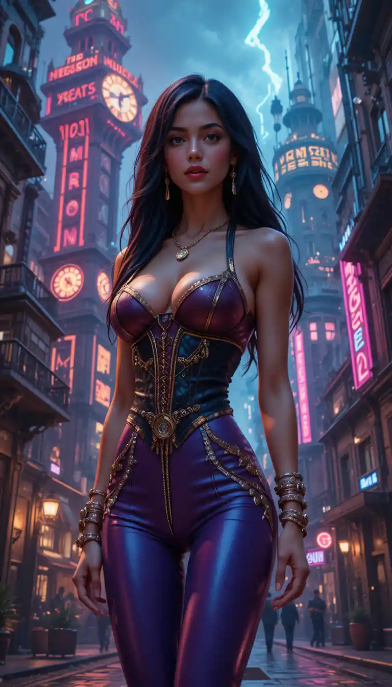 Glamorous woman in a neon steampunk cityscape