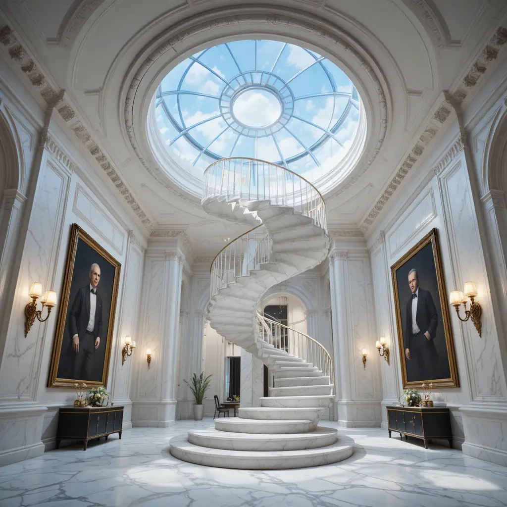 Luxurious marble interior with dramatic spiral staircase