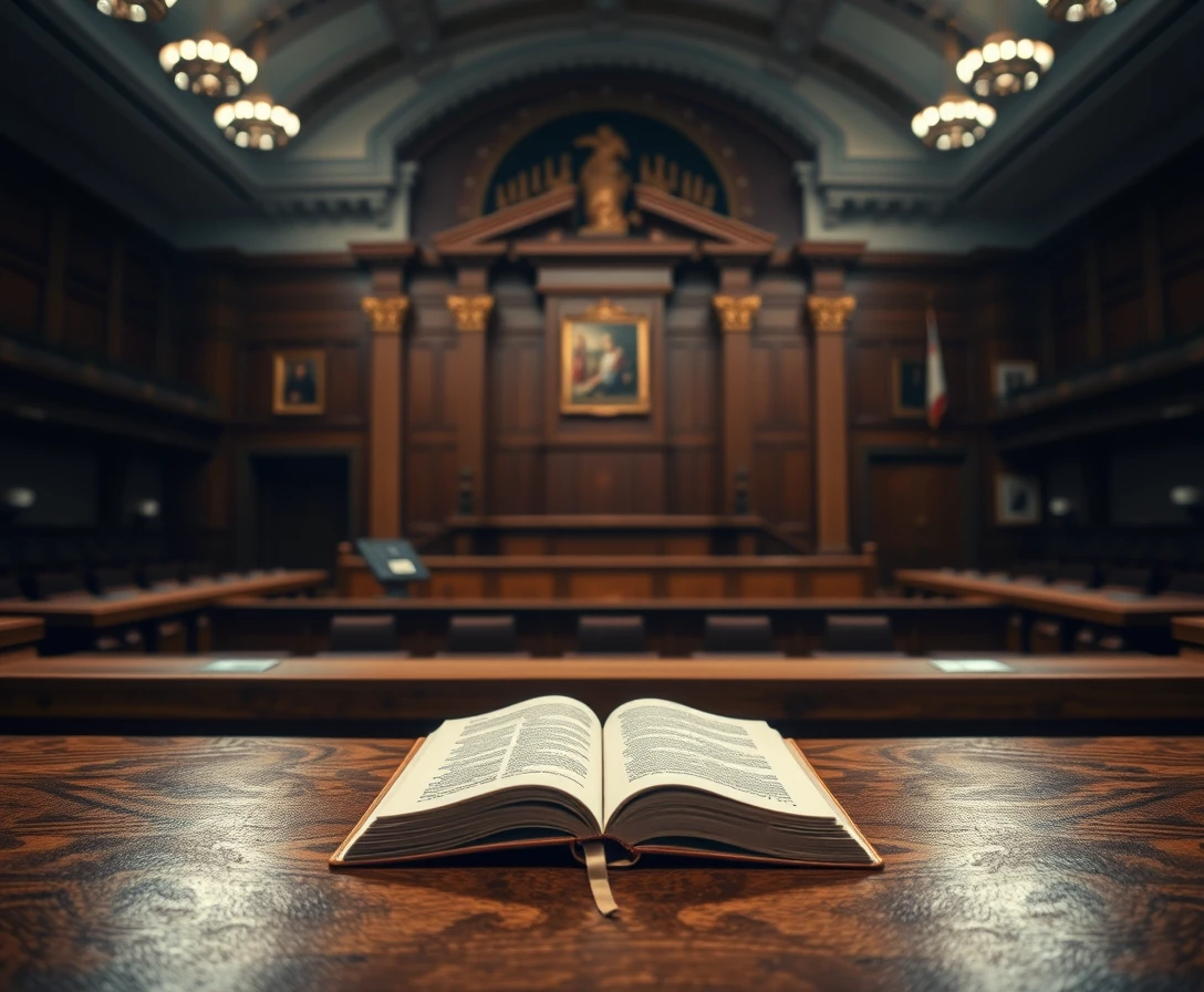 Libro solitario sul banco vuoto del giudice in un grande tribunale