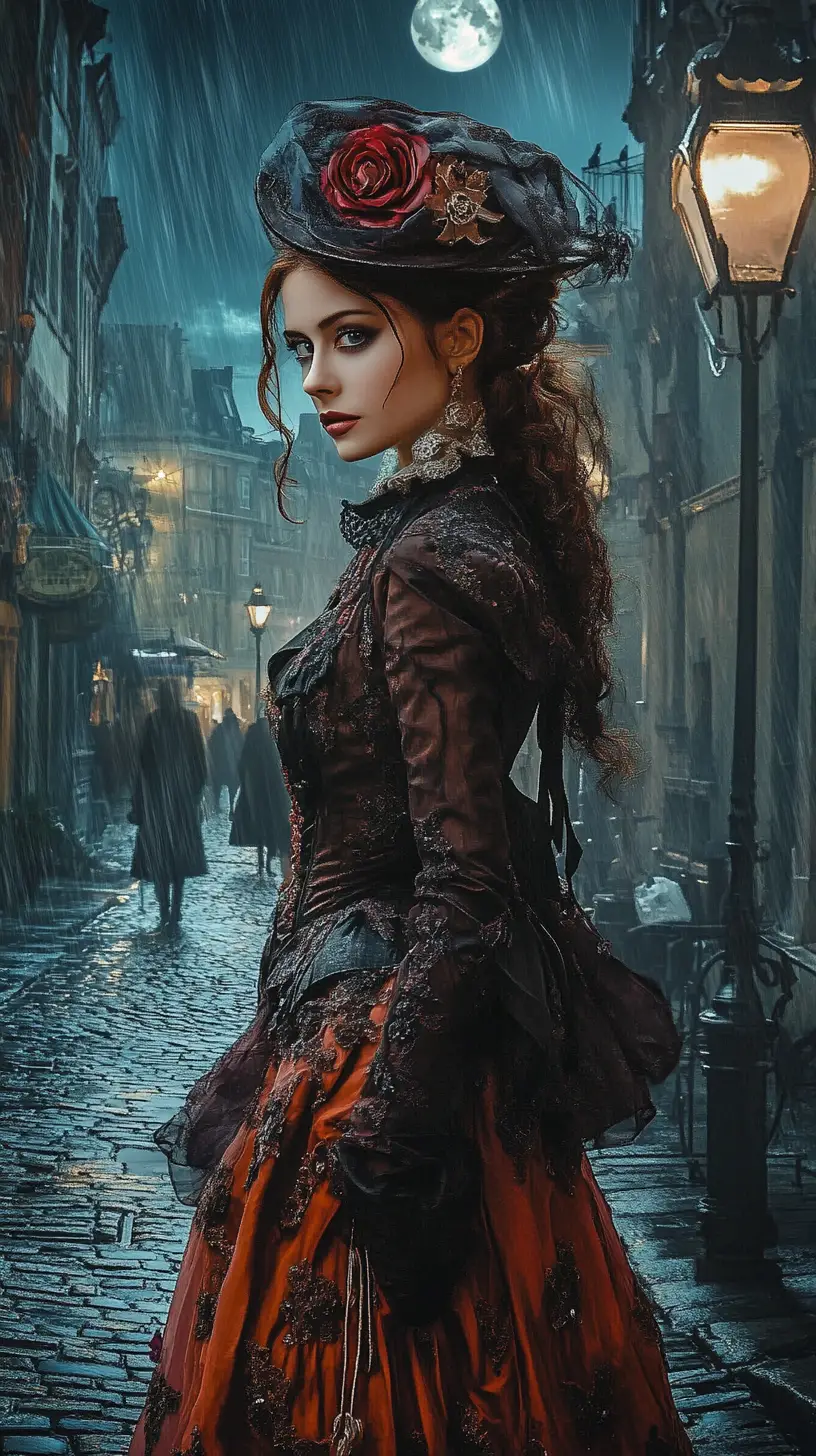 Steampunk woman on rainy Victorian street under moonlight