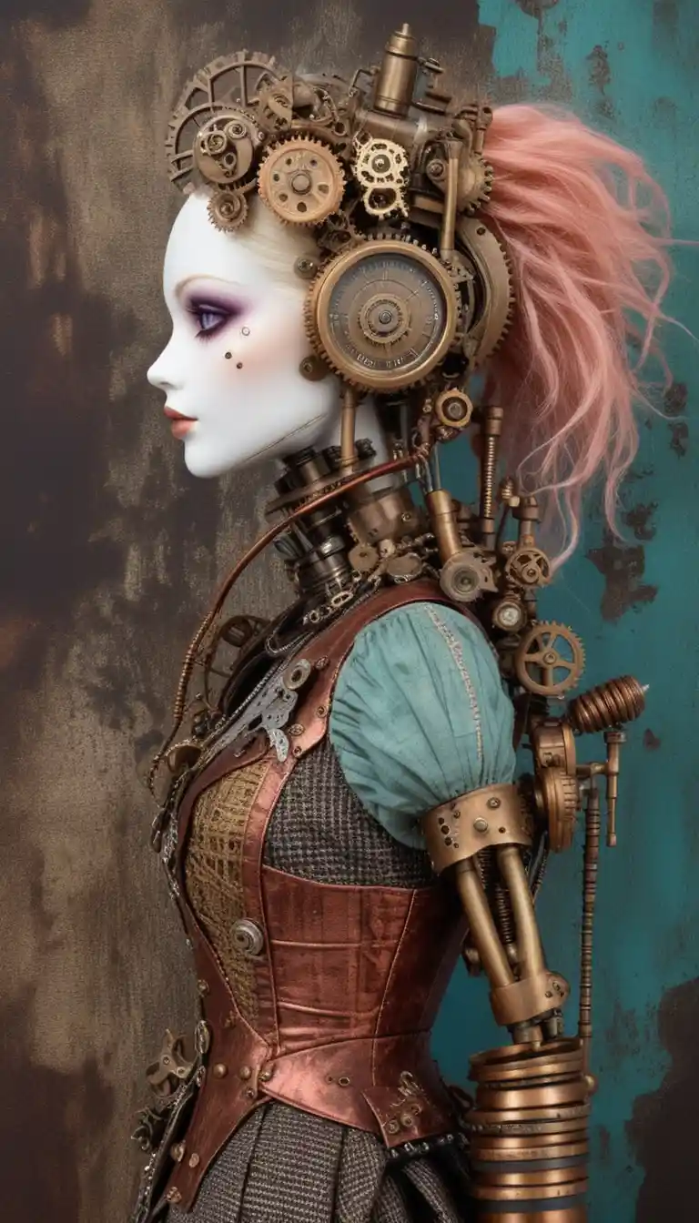 Steampunk gothic ragdoll woman in profile full body view