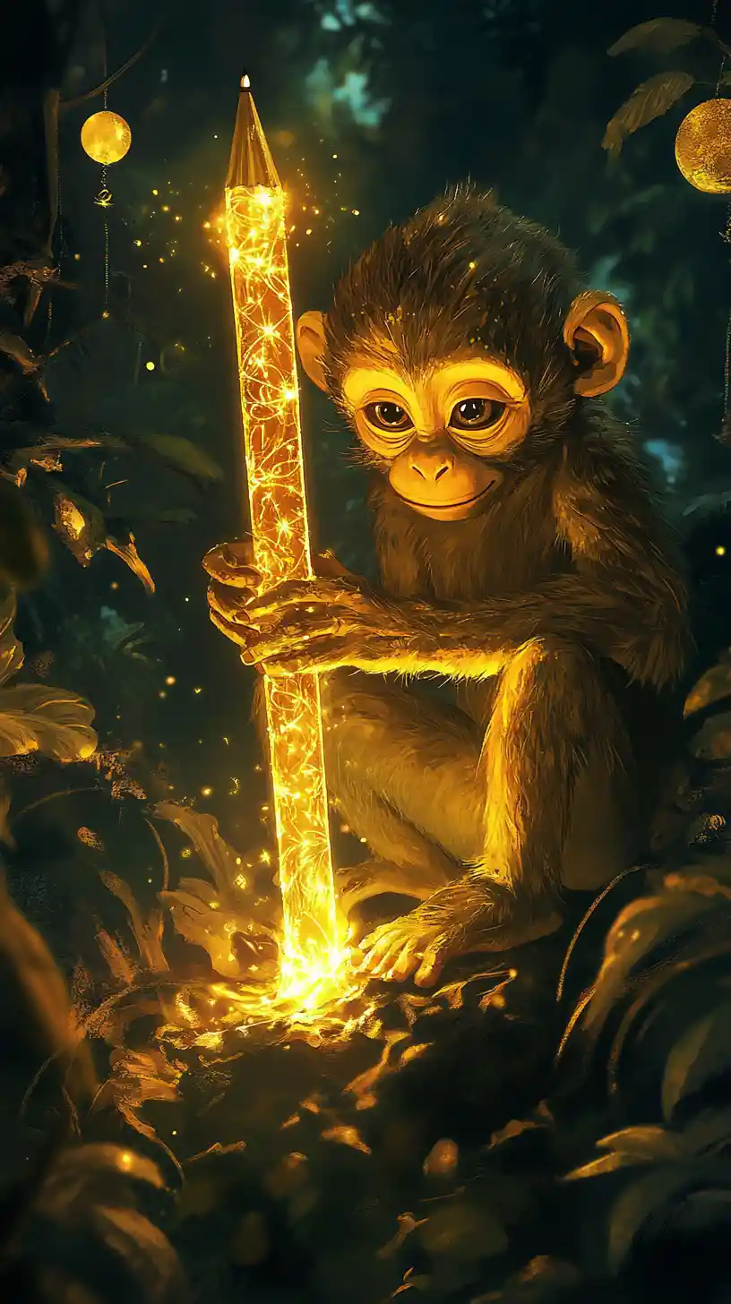 Cartoon monkey holding a glowing golden pencil in forest