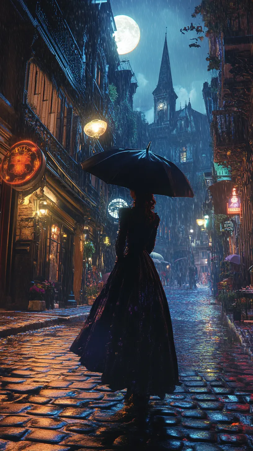 Steampunk woman on a rainy Victorian street at moonlit night