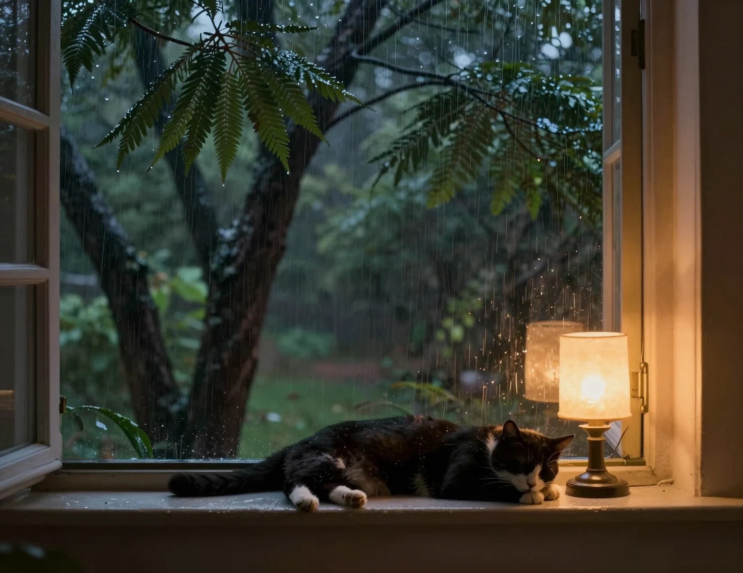 Acogedora ventana iluminada con lámpara y gato blanco y negro durmiendo