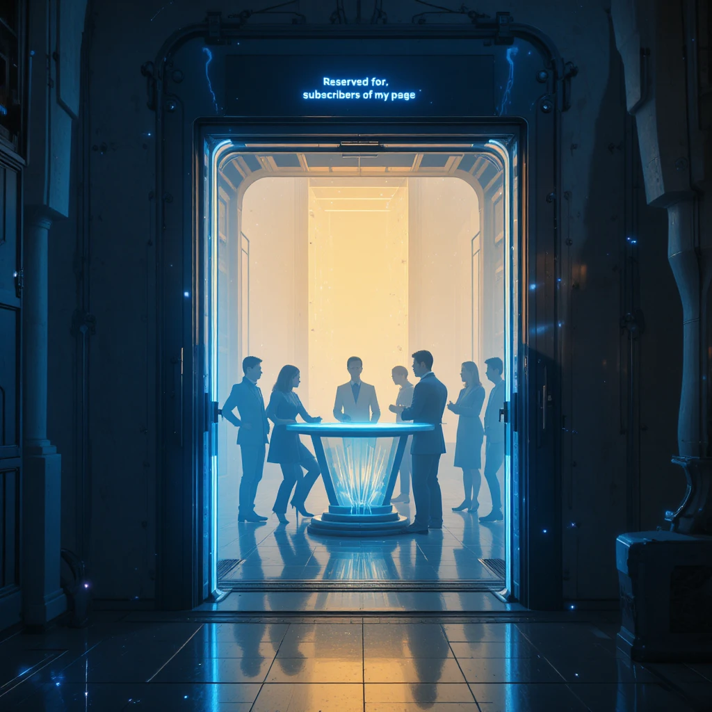 Futuristic door opening onto glowing cyberpunk meeting room