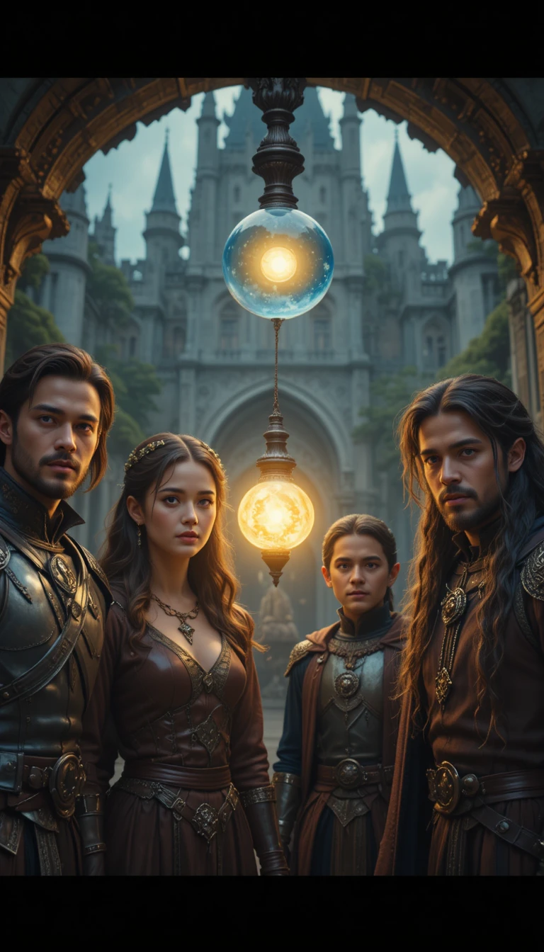 Cuatro aventureros de fantasía ante un orbe brillante en un castillo