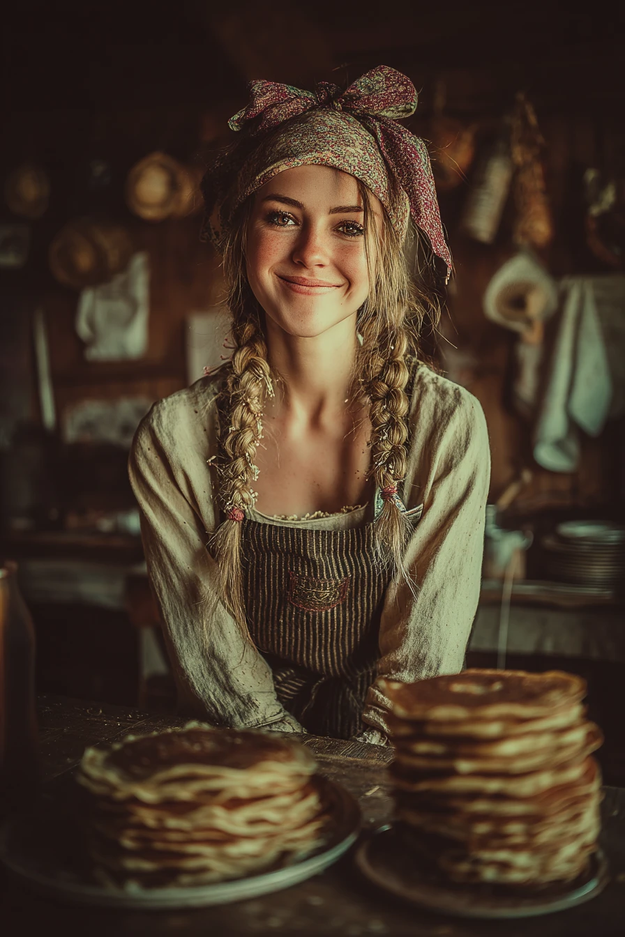 Smiling Slavic woman with braids at rustic crepe table