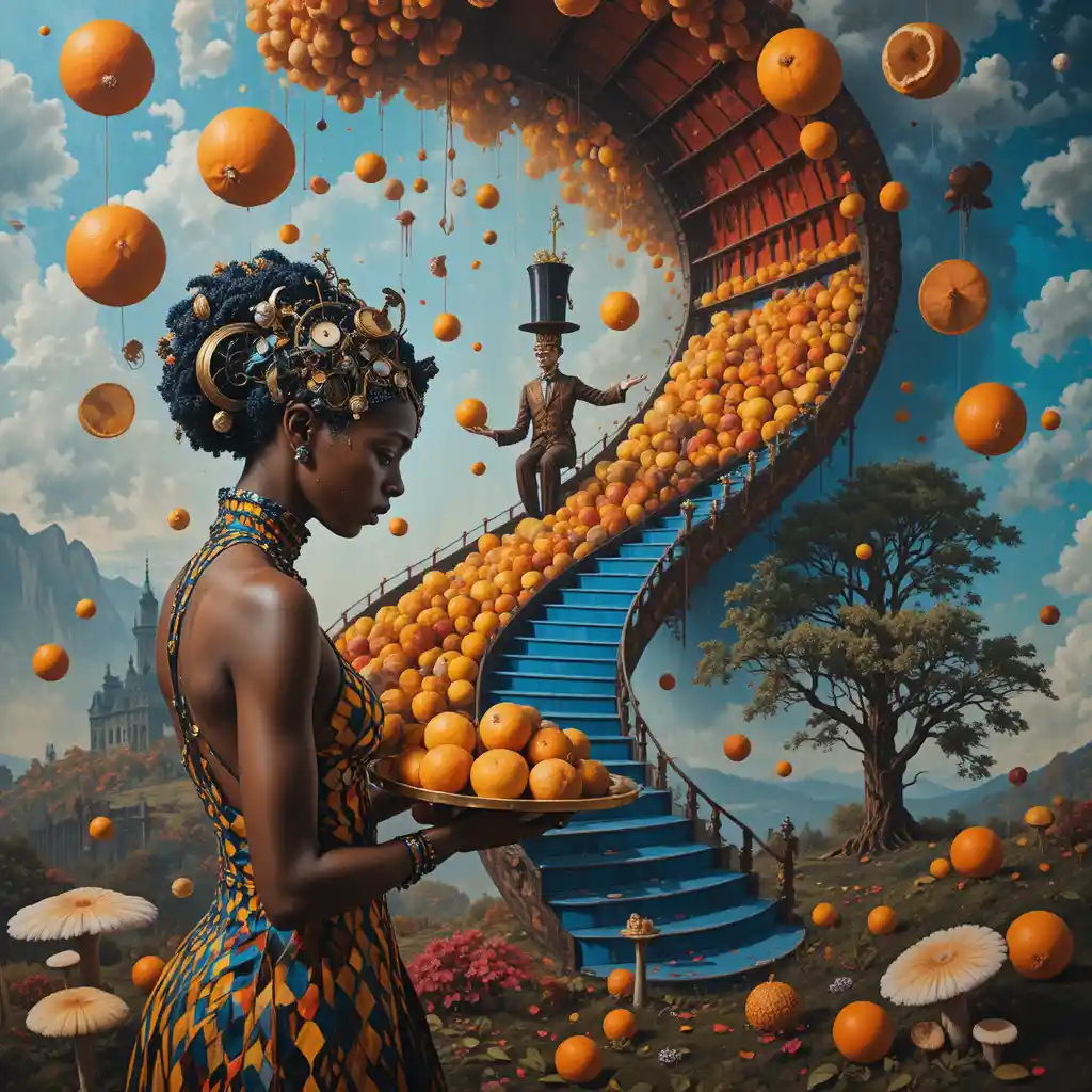 Surreal woman with citrus and mushrooms in theatrical profile
