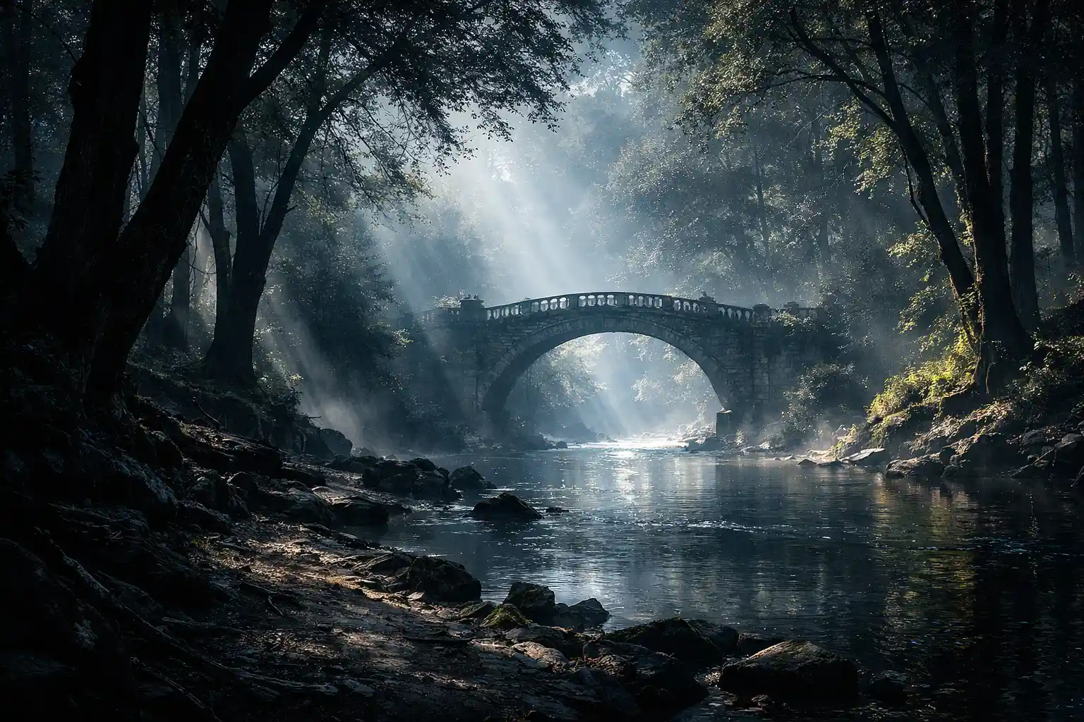 Shadowy forest river with an off center arched bridge