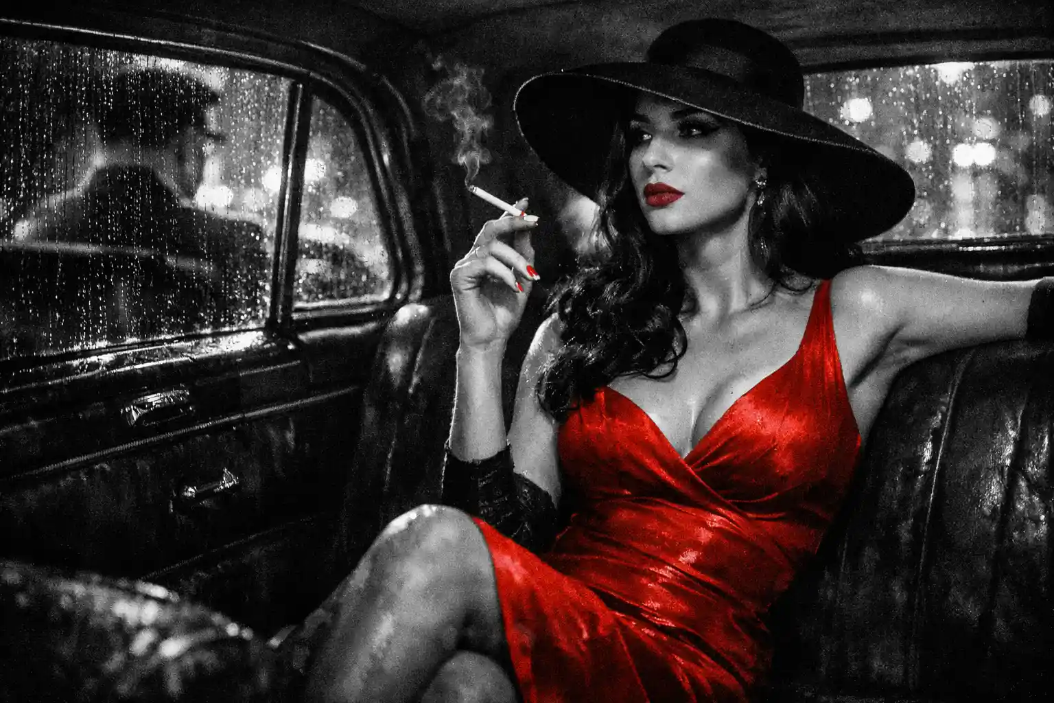 Elegant woman in red dress in noir limousine scene