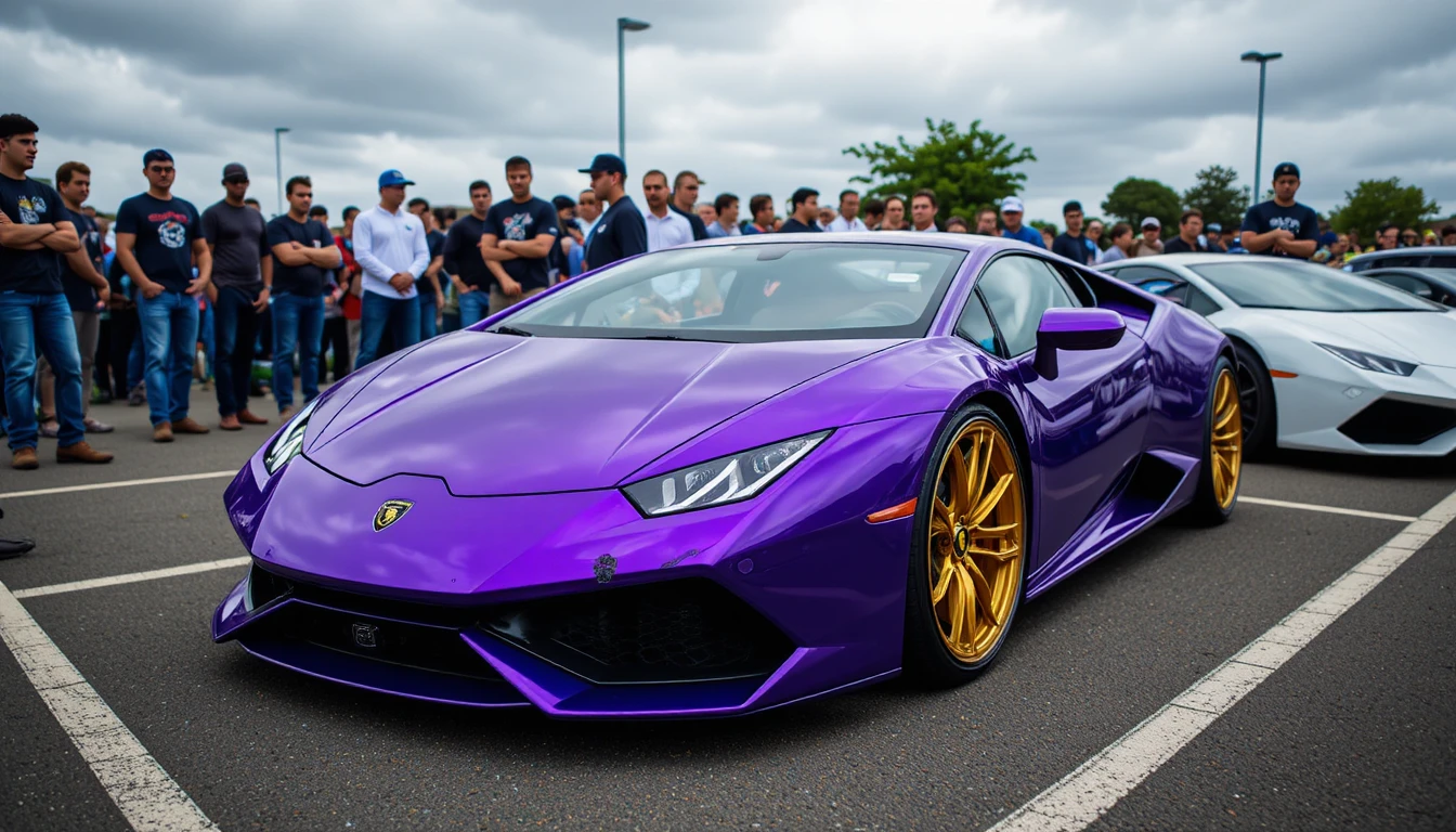 Lila Lamborghini Huracán auf dem Parkplatz einer Outdoor-Autoshow