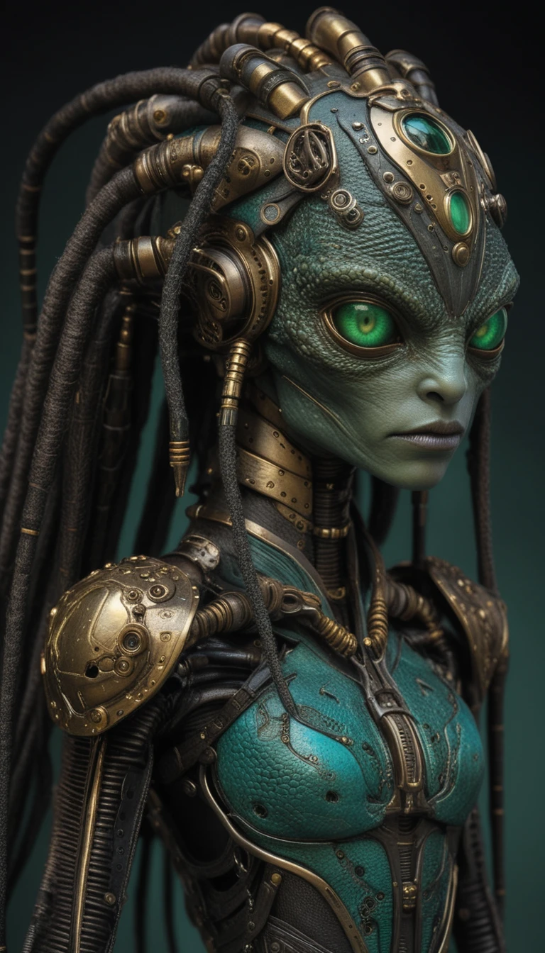 Reptilienartige Cyborg-Frau im Porträt mit kunstvoller Steampunk-Rüstung