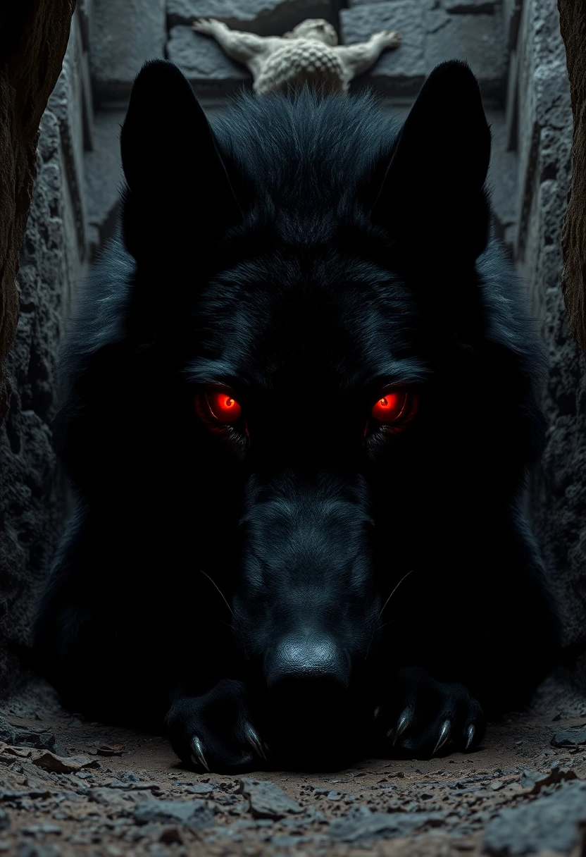 Giant black wolf with glowing red eyes in darkness