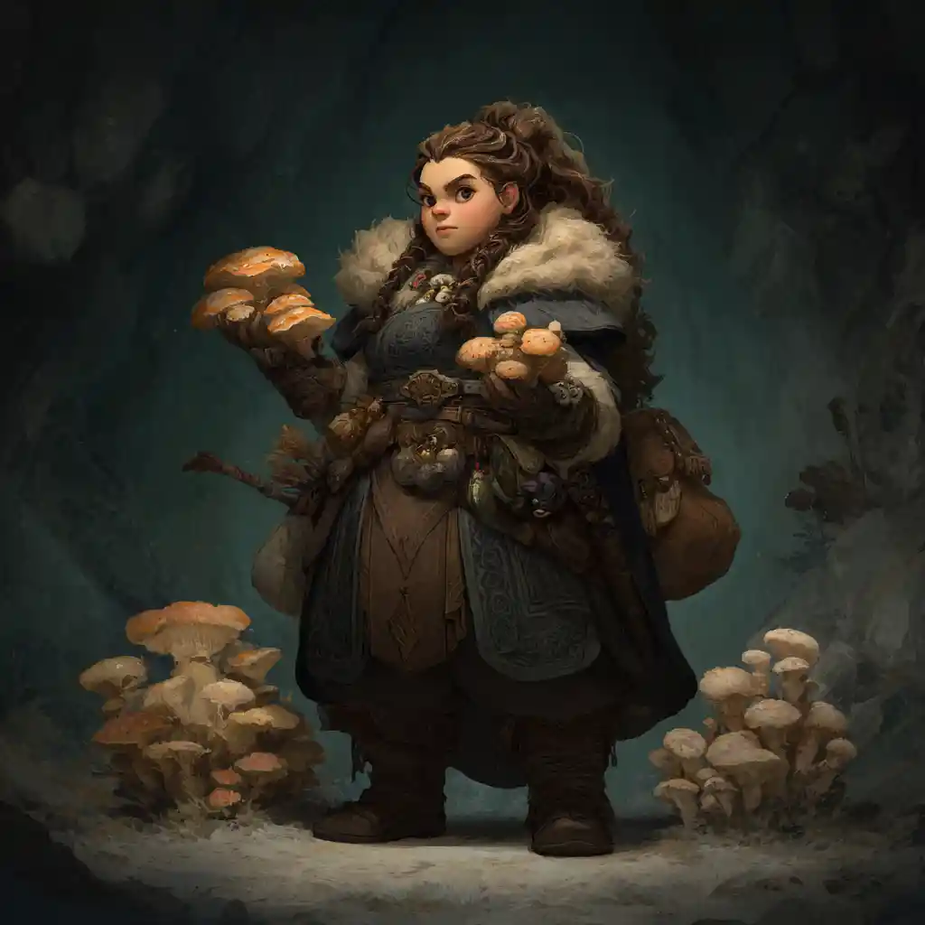 Dunkle Fantasy: Zwergen-Druidin in einer Höhlen-Schreinstätte