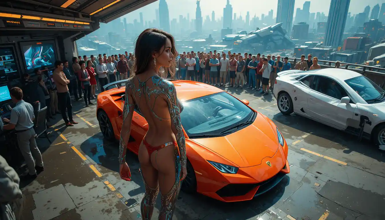 Lamborghini Huracan morado en exhibición en un estacionamiento concurrido