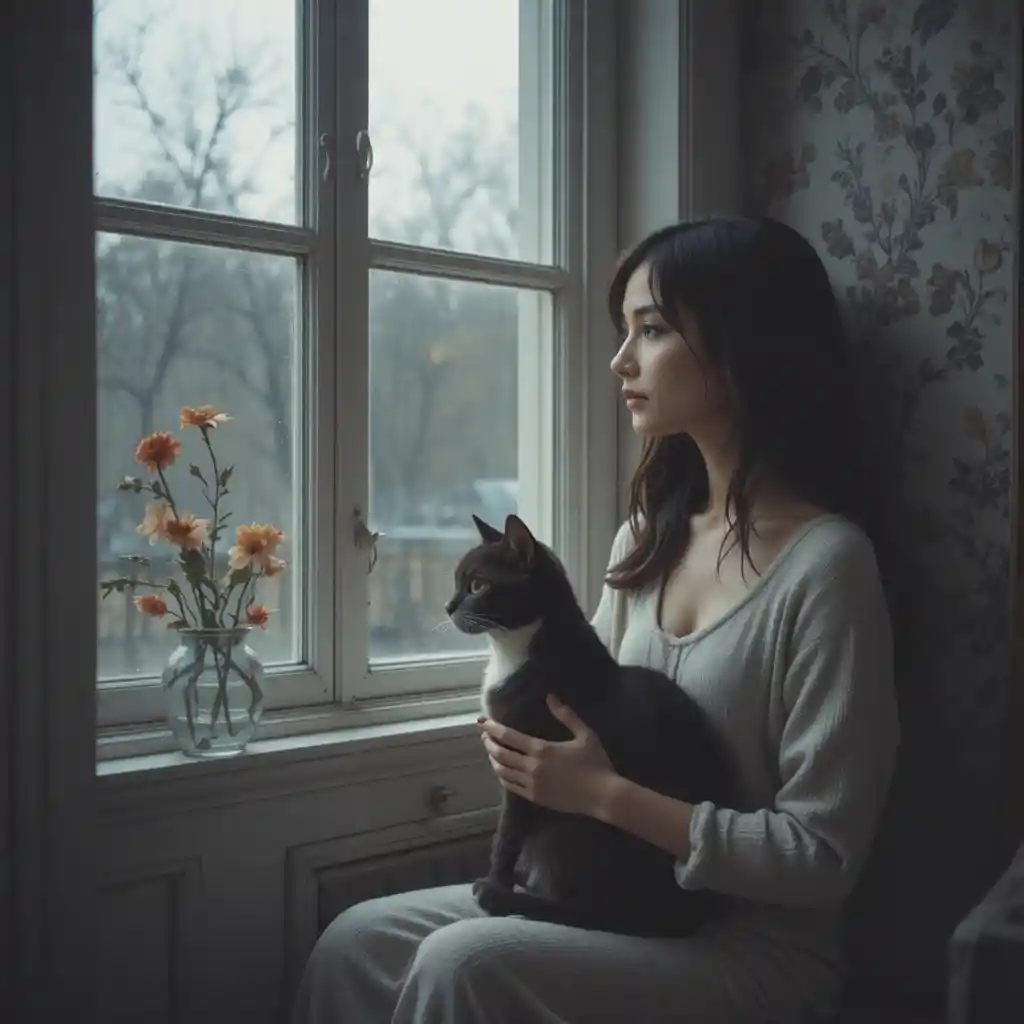 Woman at window quietly petting a cat on her lap