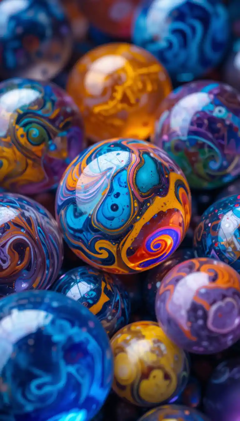 형형색색 유리 구슬이 빽빽이 모인 선명한 클로즈업