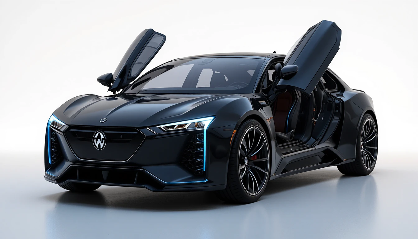 Auto negro futurista con acentos de neón en carretera nocturna