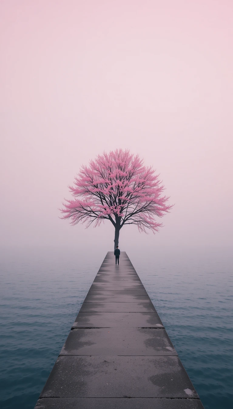 Einsamer Baum und Person auf Steg in pastellfarbener Meereslandschaft