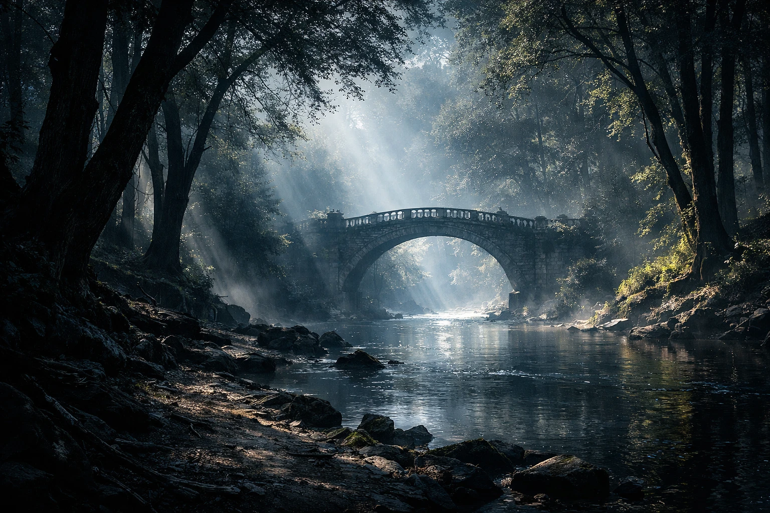 Shadowy forest river with an off center arched bridge