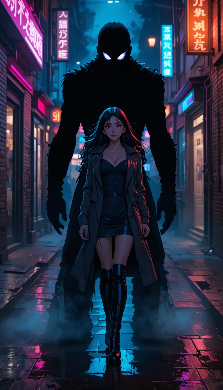 Anime heroine walking alone on a neon lit city street