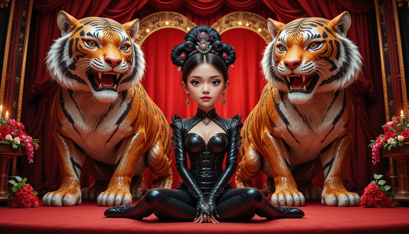 Girl in black costume on red stage with tiger statues