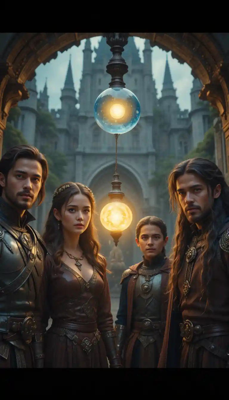 Cuatro aventureros de fantasía ante un orbe brillante en un castillo