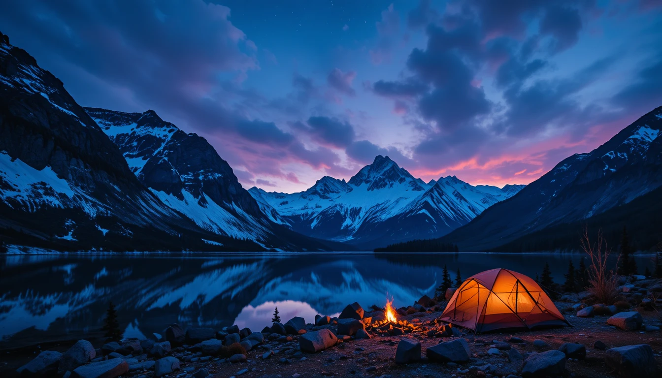 Bergsee in der Dämmerung mit Zelt und glühendem Lagerfeuer